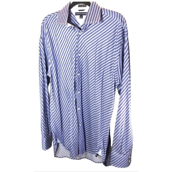 Tommy Hilfiger Men’s Purple Striped Long Sleeve Collared Button Up Shirt‎ Sz MED - Picture 1 of 4
